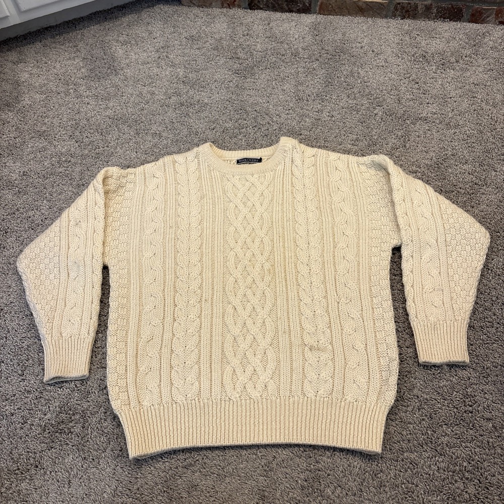 Woolovers Pure Wool Aran Knit Fisherman Jumper Men's Medium Cream / Ivory Cable